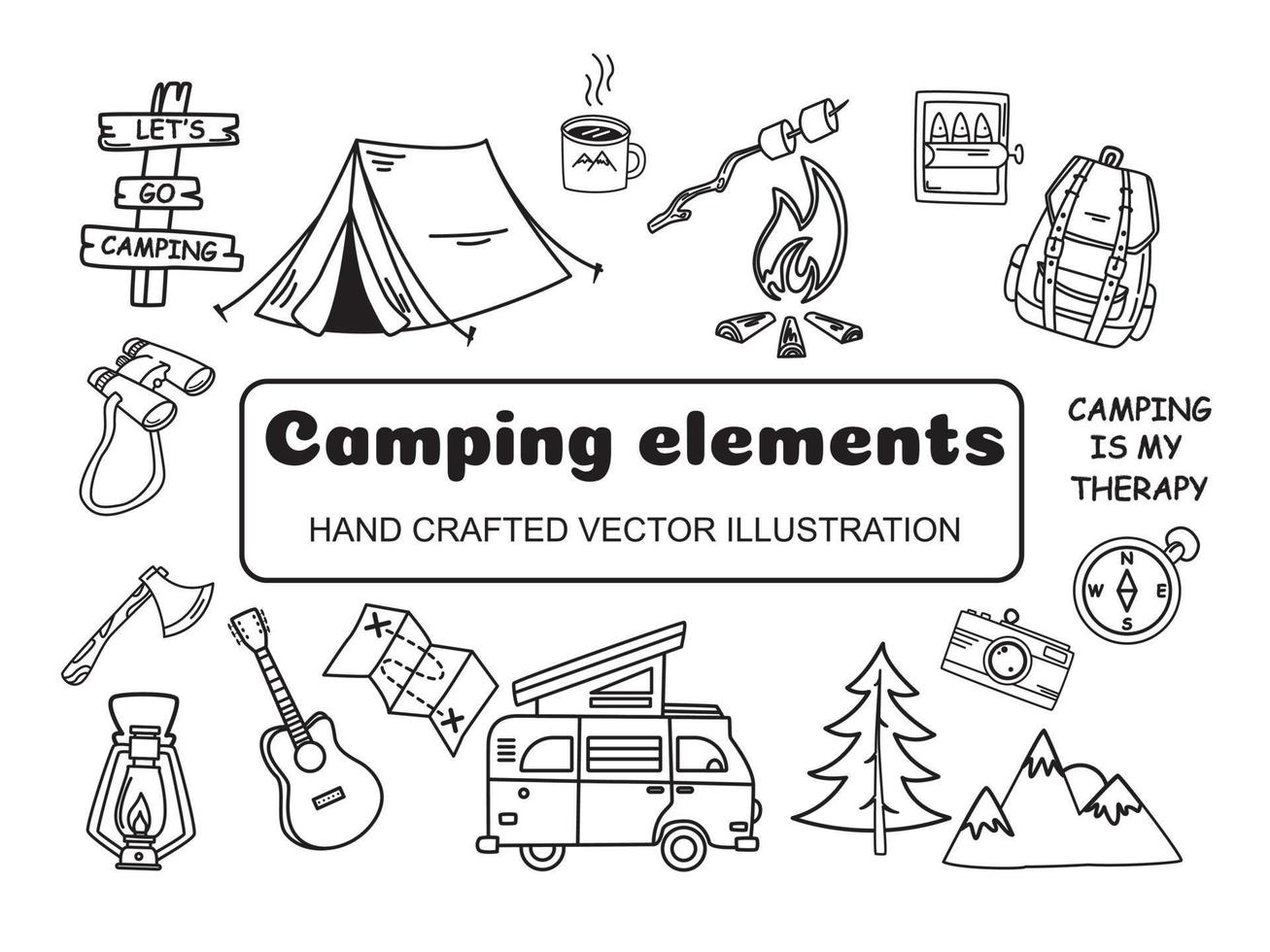 A Set Of Camping Elements For Design. Campfire, Tent, Guitar, Etc. Handmade Vector, One Color. vector