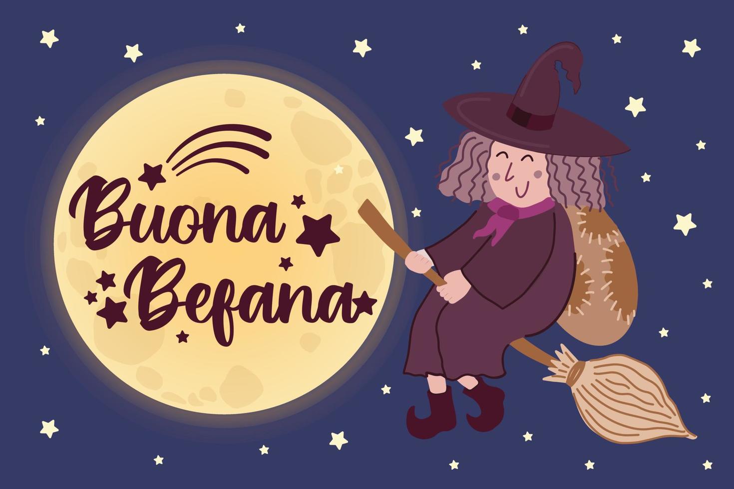 buona befana - traducción al italiano - happy befana - letras decoradas con estrellas y símbolos de cometas. linda bruja befana tradición epifanía navideña personaje en italia volando en escoba vector