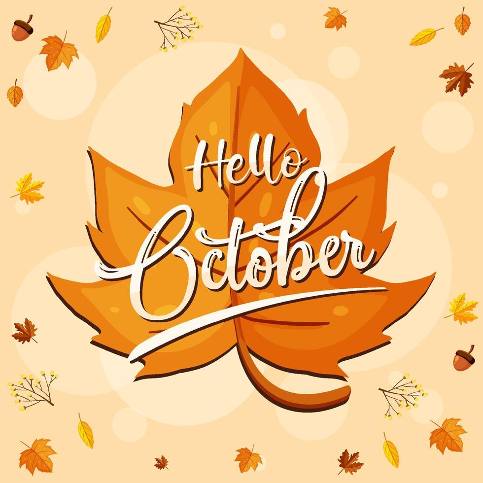 Hello October logo with ornamental autumn leaf vector