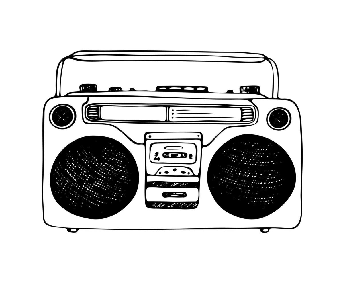 Retro record player. Doodle style modern illustration. Hand drawn old school boombox isolated on white background vector