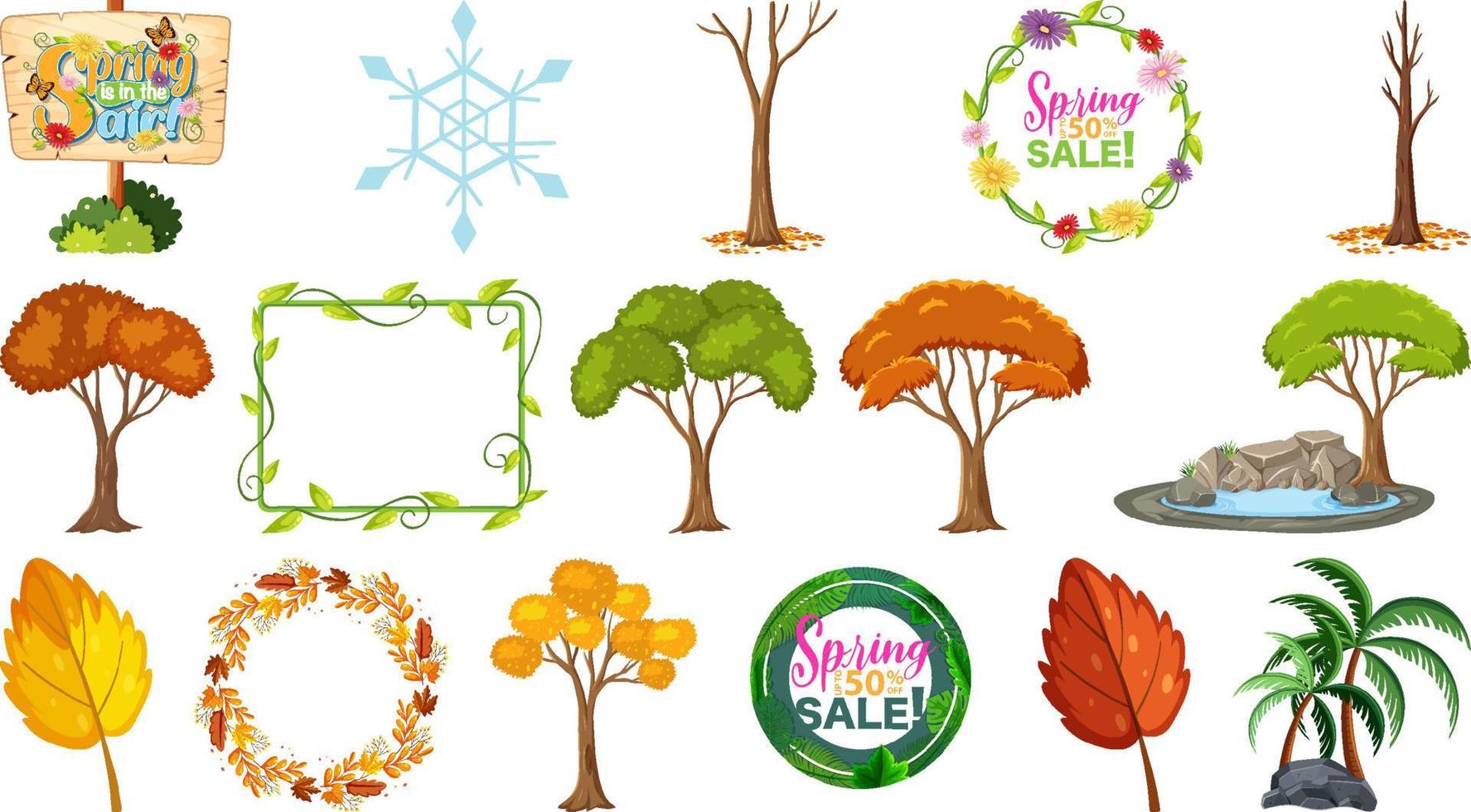 Set of four seasons trees and nature objects vector