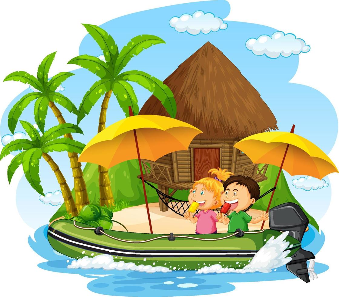 Bungalow on the island with children on inflatable boat vector