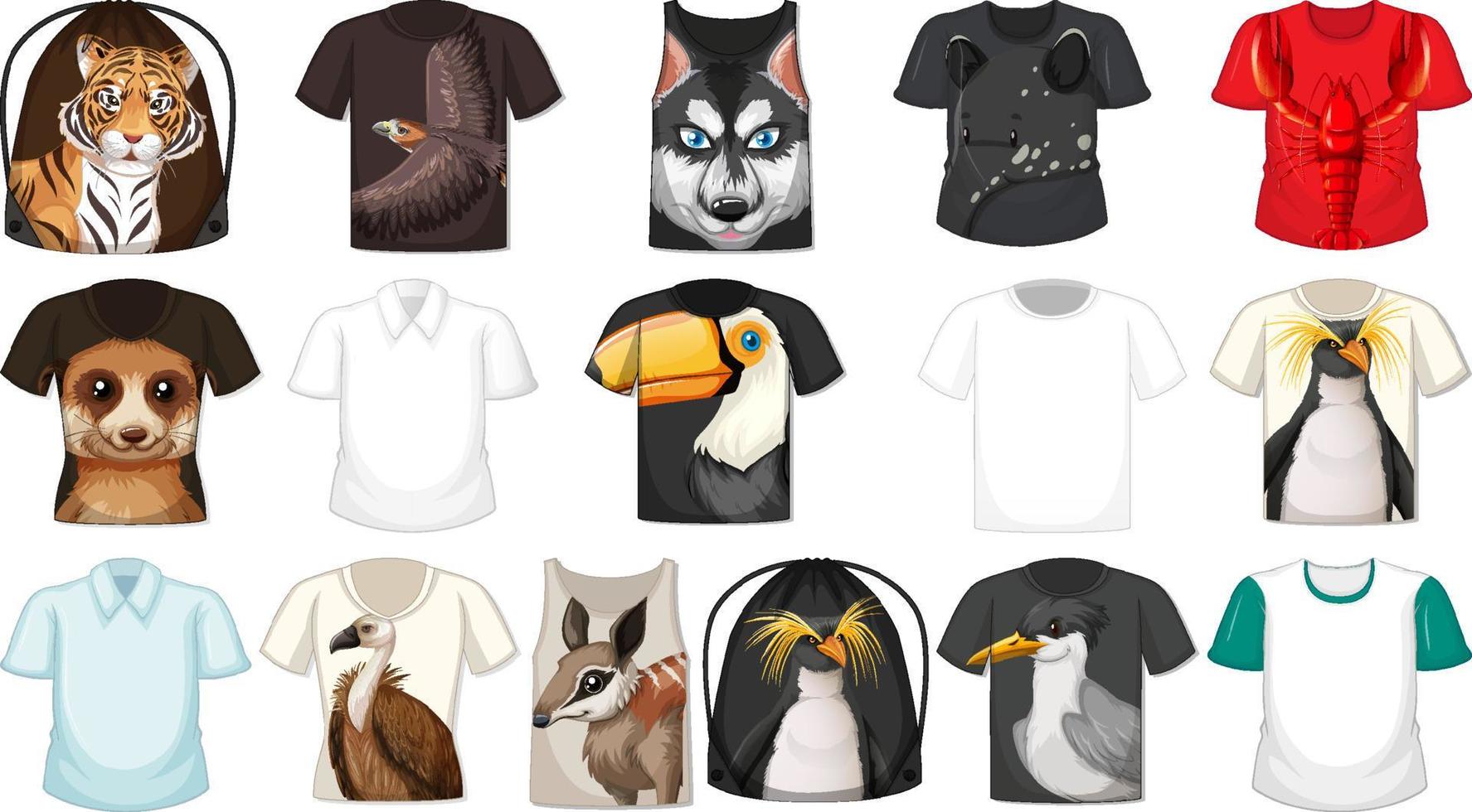 conjunto de diferentes camisetas y accesorios con estampados de animales. vector