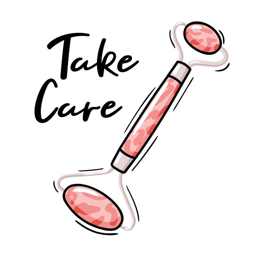 Jade massage pink rose quartz roller icon illustration, facial gua sha stone massager and lettering, Acupuncture tool for face lifting and anti-aging, realistic doodle vector clipart isolated on white