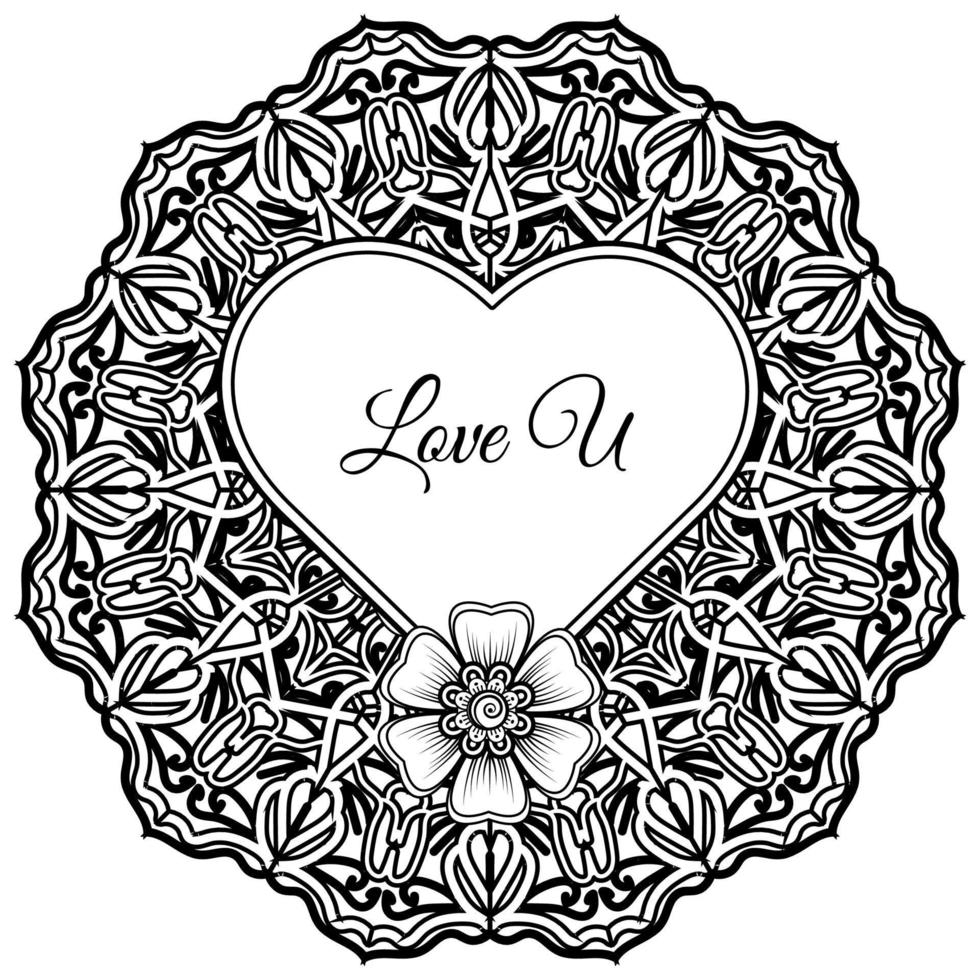 Mehndi flower with frame in shape of heart. decoration in ethnic oriental, doodle ornament. vector