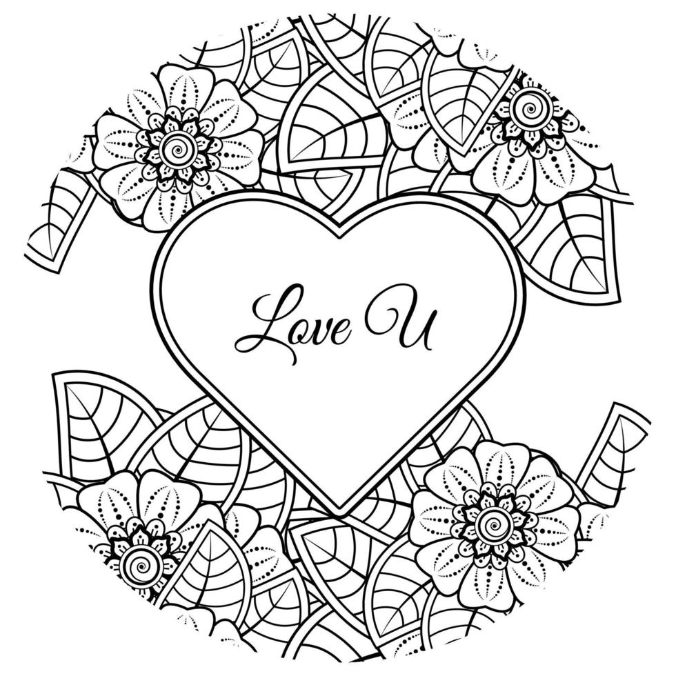 Mehndi flower with frame in shape of heart. decoration in ethnic oriental, doodle ornament. vector