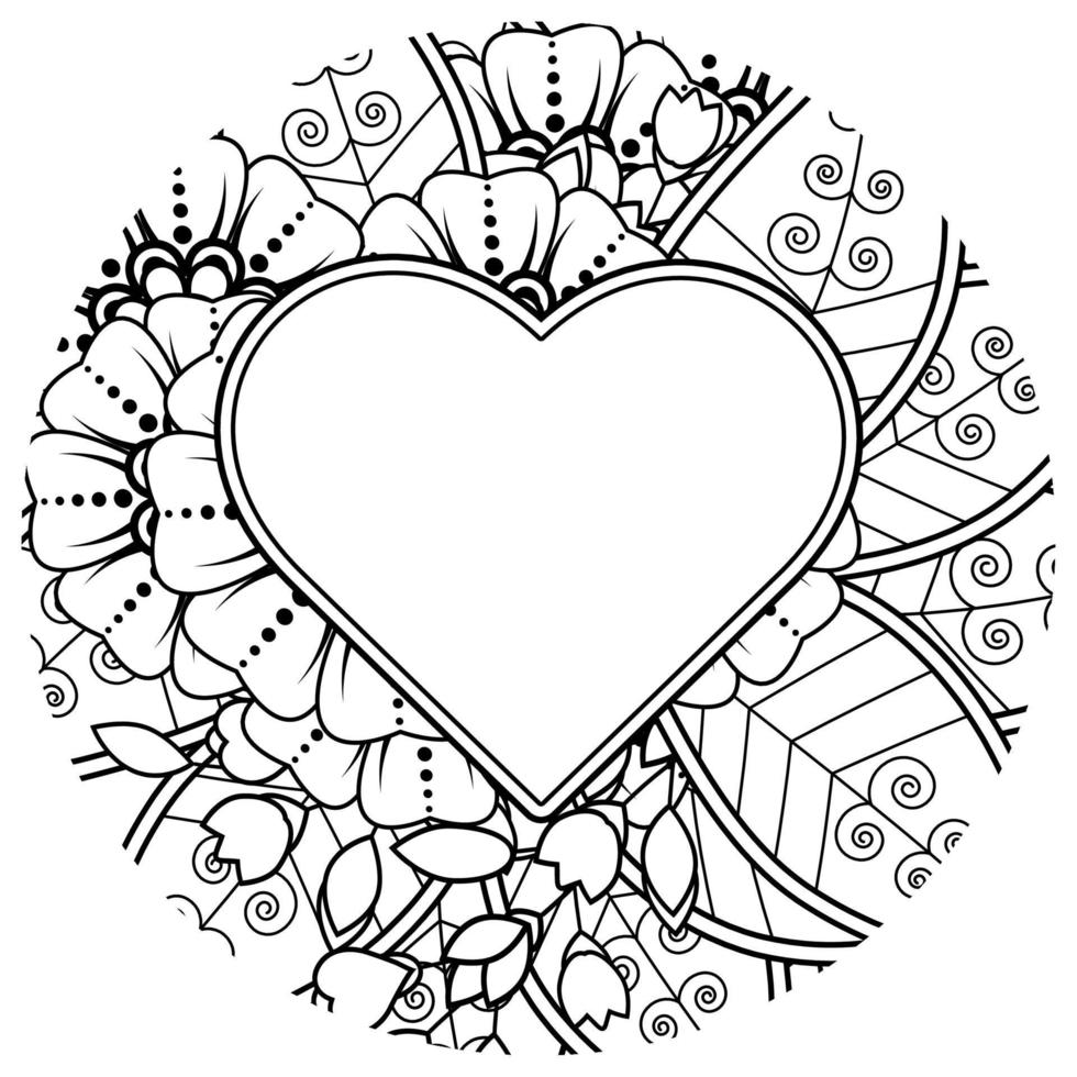 Mehndi flower with frame in shape of heart. decoration in ethnic oriental, doodle ornament. vector