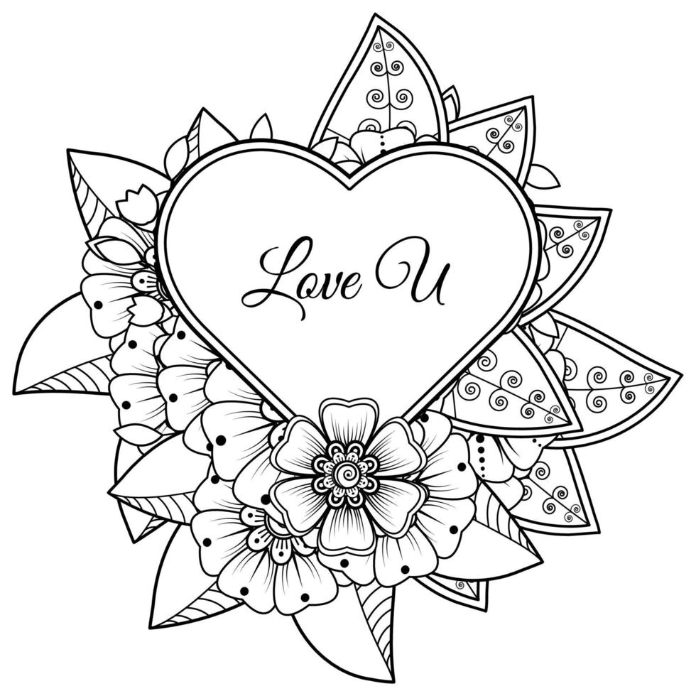 Mehndi flower with frame in shape of heart. decoration in ethnic oriental, doodle ornament. vector