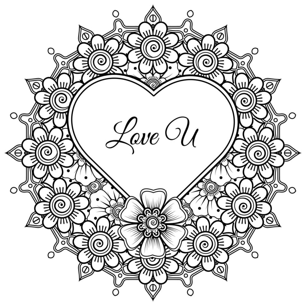 Mehndi flower with frame in shape of heart. decoration in ethnic oriental, doodle ornament. vector