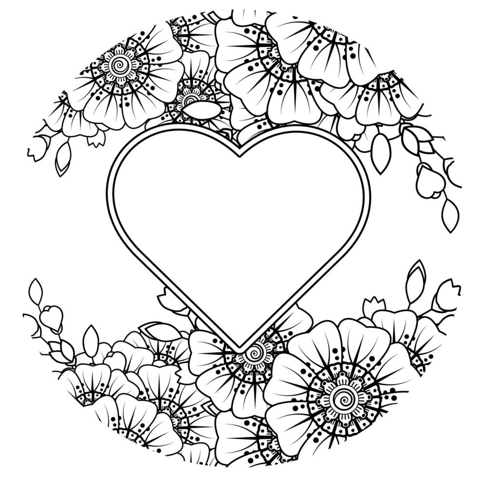 Mehndi flower with frame in shape of heart. decoration in ethnic oriental, doodle ornament. vector