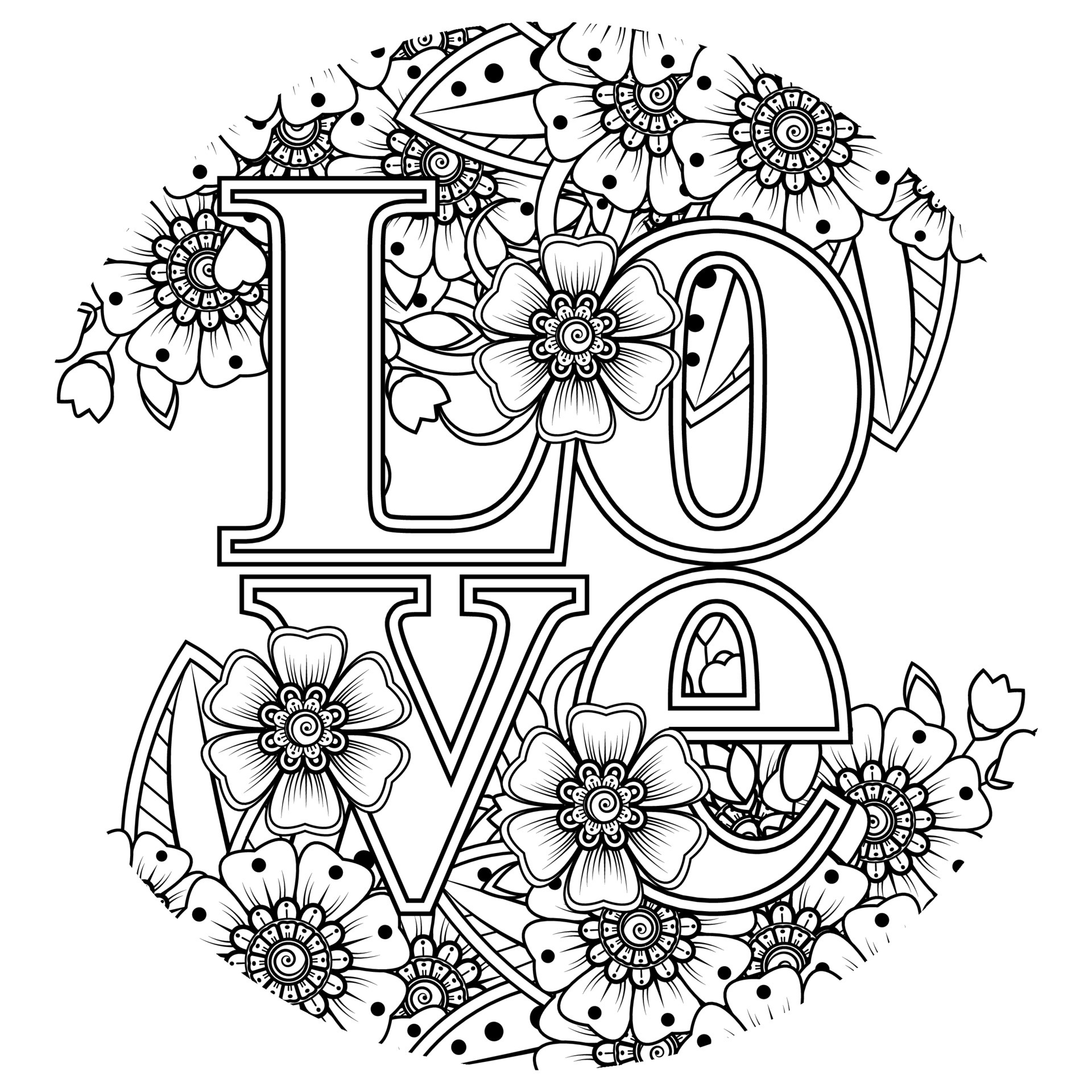 Love words with mehndi flowers for coloring book page doodle ...