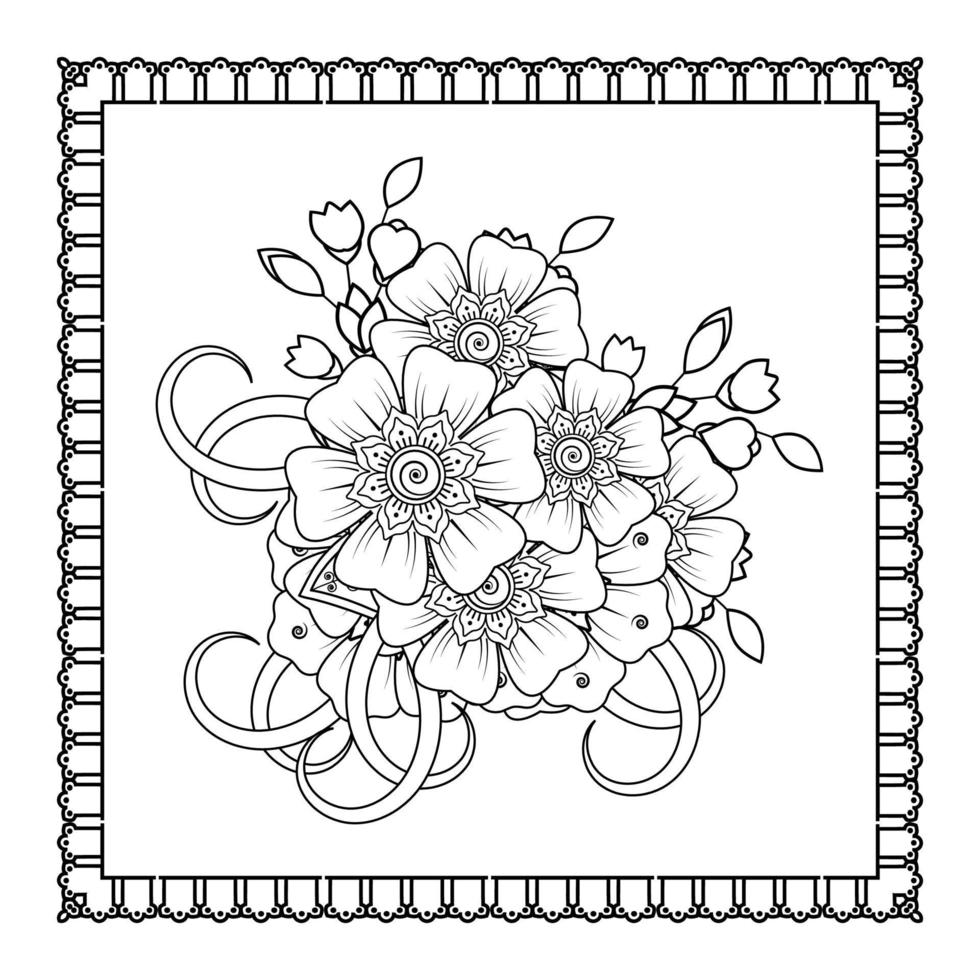 flor mehndi para henna, mehndi, tatuaje, decoración. adorno decorativo en estilo étnico oriental, adorno de doodle, dibujo a mano de contorno. página de libro para colorear. vector