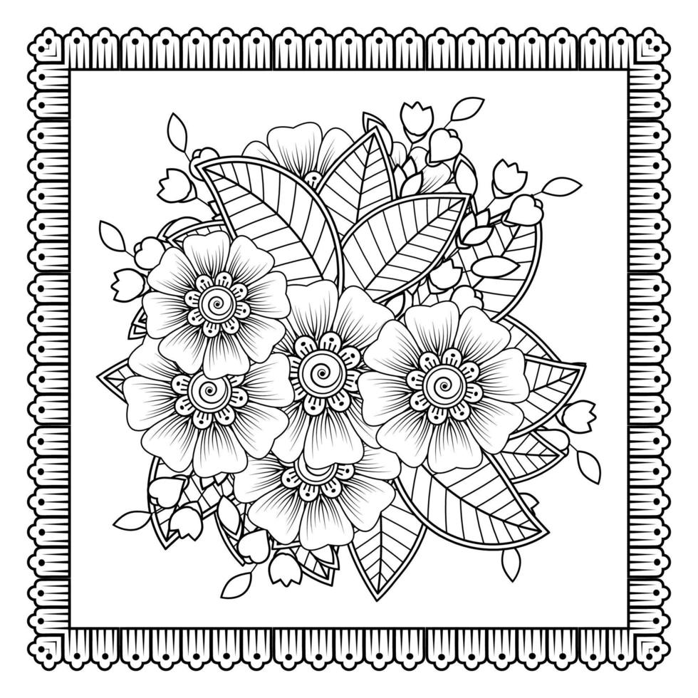 flor mehndi para henna, mehndi, tatuaje, decoración. adorno decorativo en estilo étnico oriental, adorno de doodle, dibujo a mano de contorno. página de libro para colorear. vector