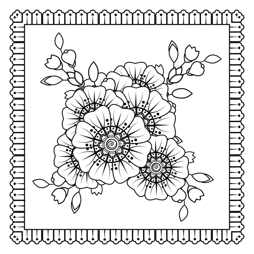 flor mehndi para henna, mehndi, tatuaje, decoración. adorno decorativo en estilo étnico oriental, adorno de doodle, dibujo a mano de contorno. página de libro para colorear. vector