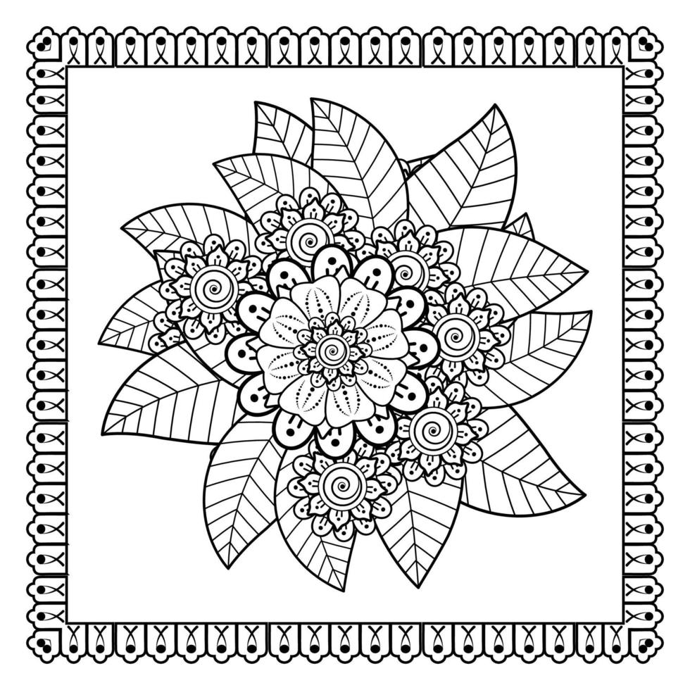 flor mehndi para henna, mehndi, tatuaje, decoración. adorno decorativo en estilo étnico oriental, adorno de doodle, dibujo a mano de contorno. página de libro para colorear. vector