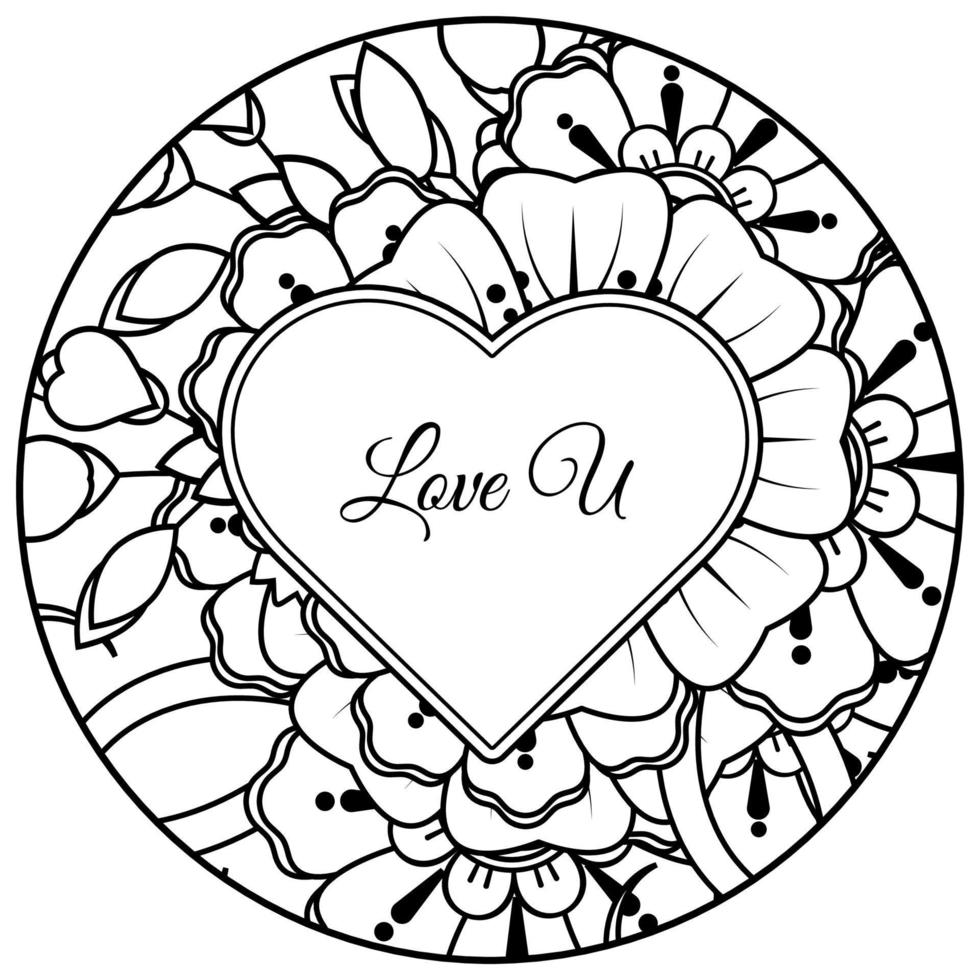 Mehndi flower with frame in shape of heart. decoration in ethnic oriental, doodle ornament. vector