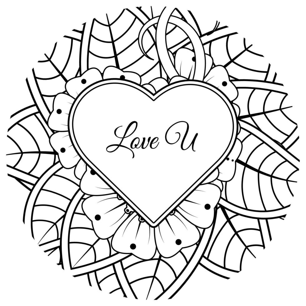 Mehndi flower with frame in shape of heart. decoration in ethnic oriental, doodle ornament. vector