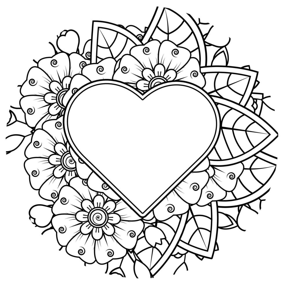 Mehndi flower with frame in shape of heart. decoration in ethnic oriental, doodle ornament. vector