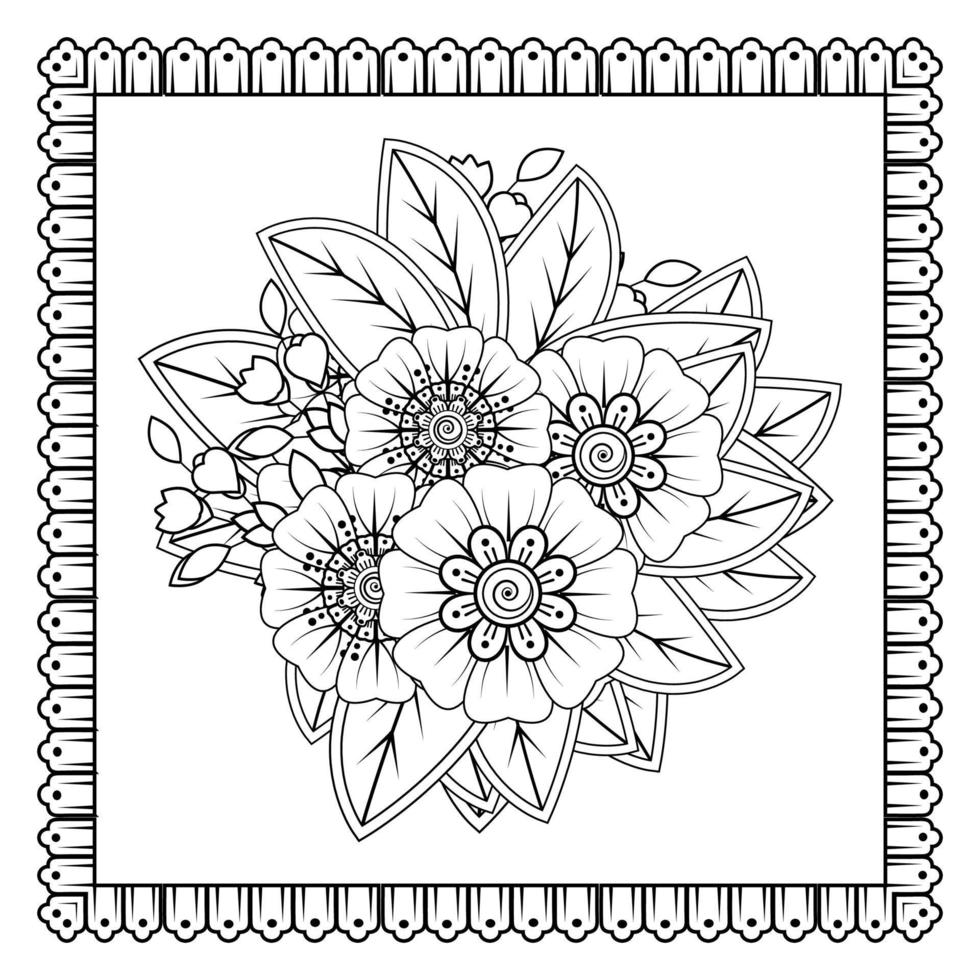 flor mehndi para henna, mehndi, tatuaje, decoración. adorno decorativo en estilo étnico oriental, adorno de doodle, dibujo a mano de contorno. página de libro para colorear. vector