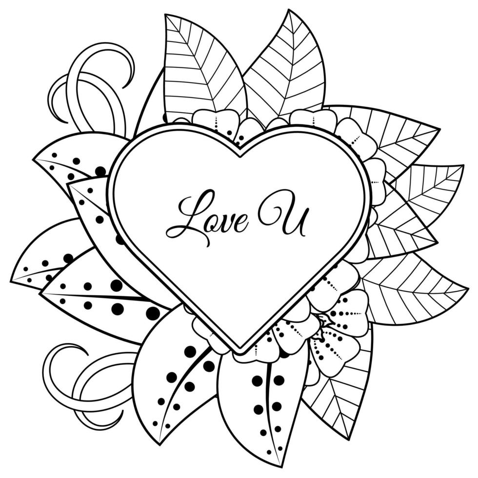 Mehndi flower with frame in shape of heart. decoration in ethnic oriental, doodle ornament. vector