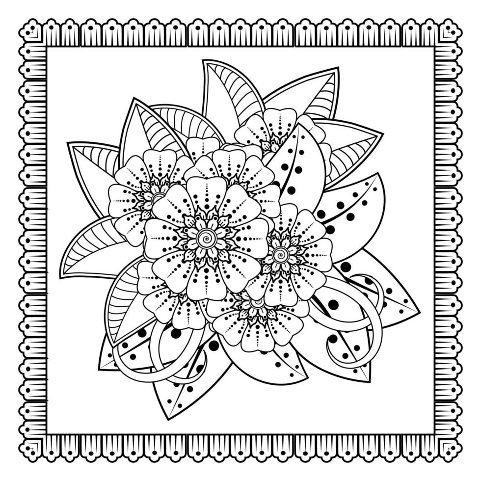 flor mehndi para henna, mehndi, tatuaje, decoración. adorno decorativo en estilo étnico oriental, adorno de doodle, dibujo a mano de contorno. página de libro para colorear. vector