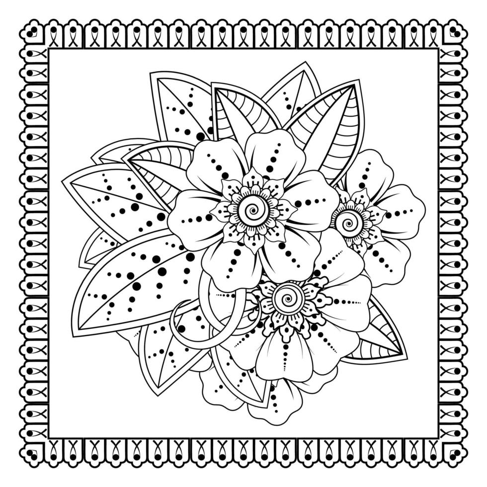 flor mehndi para henna, mehndi, tatuaje, decoración. adorno decorativo en estilo étnico oriental, adorno de doodle, dibujo a mano de contorno. página de libro para colorear. vector