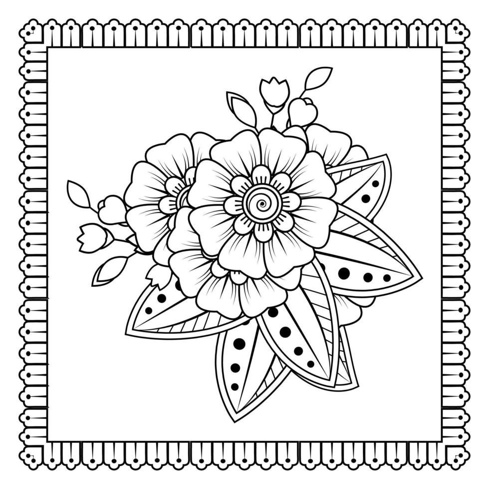 flor mehndi para henna, mehndi, tatuaje, decoración. adorno decorativo en estilo étnico oriental, adorno de doodle, dibujo a mano de contorno. página de libro para colorear. vector