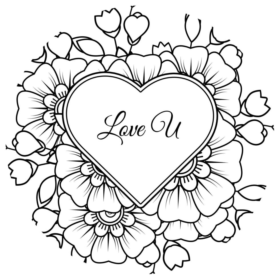 Mehndi flower with frame in shape of heart. decoration in ethnic oriental, doodle ornament. vector