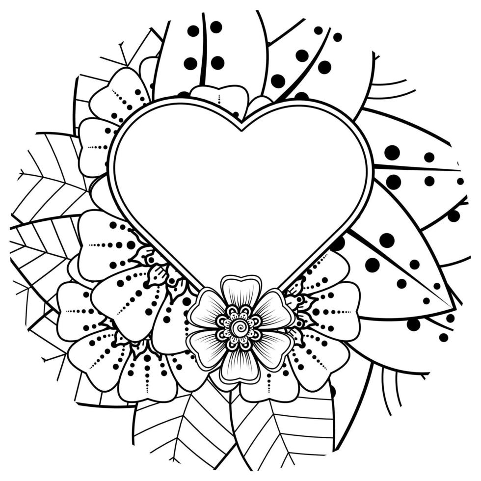 Mehndi flower with frame in shape of heart. decoration in ethnic oriental, doodle ornament. vector