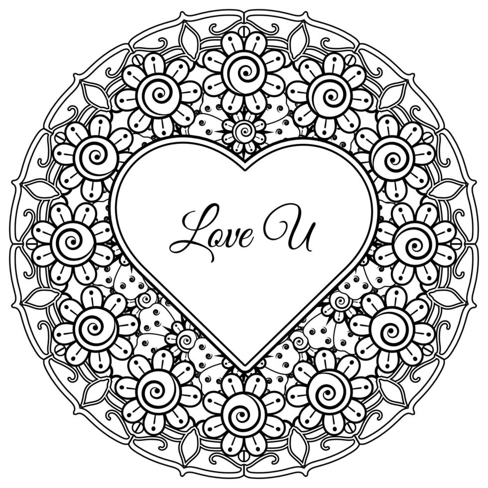 Mehndi flower with frame in shape of heart. decoration in ethnic oriental, doodle ornament. vector