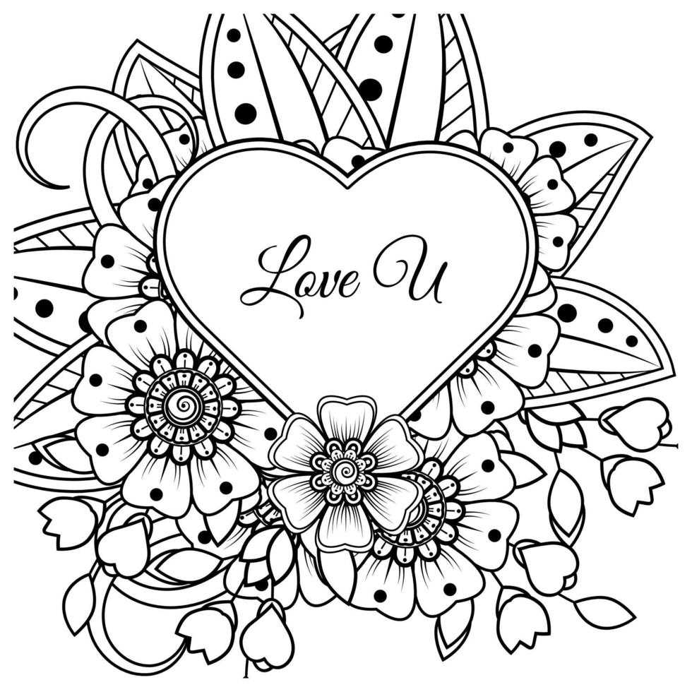 Mehndi flower with frame in shape of heart. decoration in ethnic oriental, doodle ornament. vector