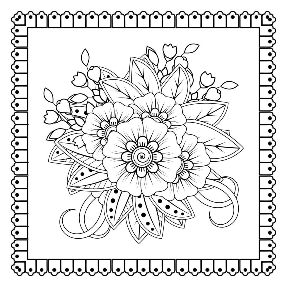 flor mehndi para henna, mehndi, tatuaje, decoración. adorno decorativo en estilo étnico oriental, adorno de doodle, dibujo a mano de contorno. página de libro para colorear. vector