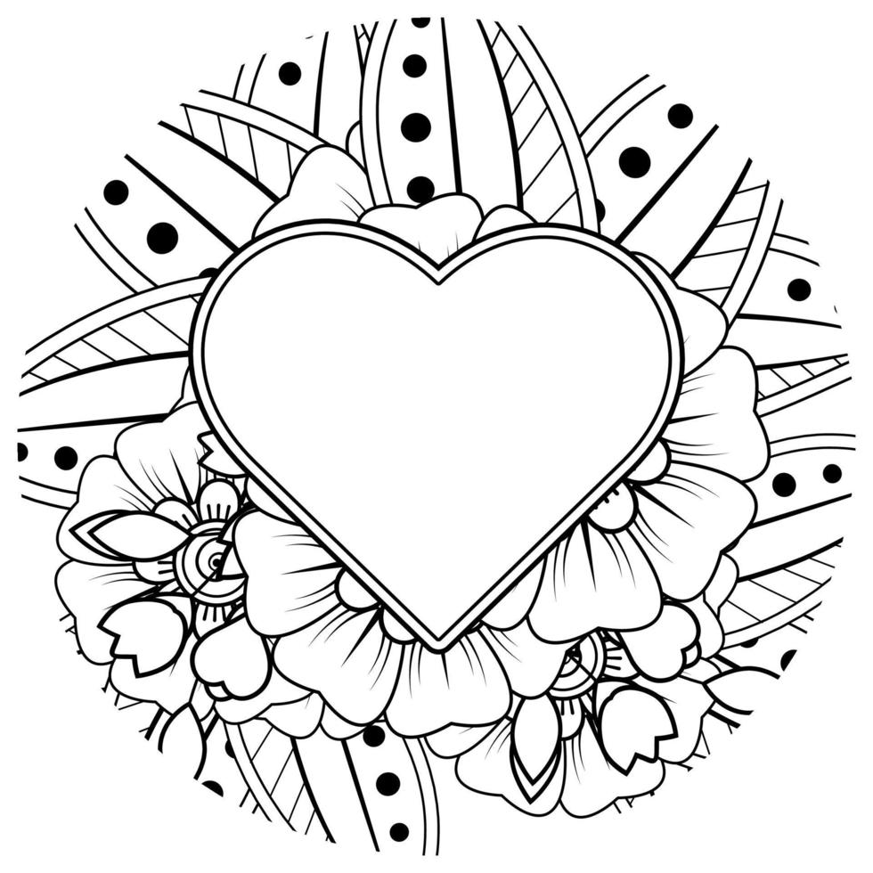 Mehndi flower with frame in shape of heart. decoration in ethnic oriental, doodle ornament. vector