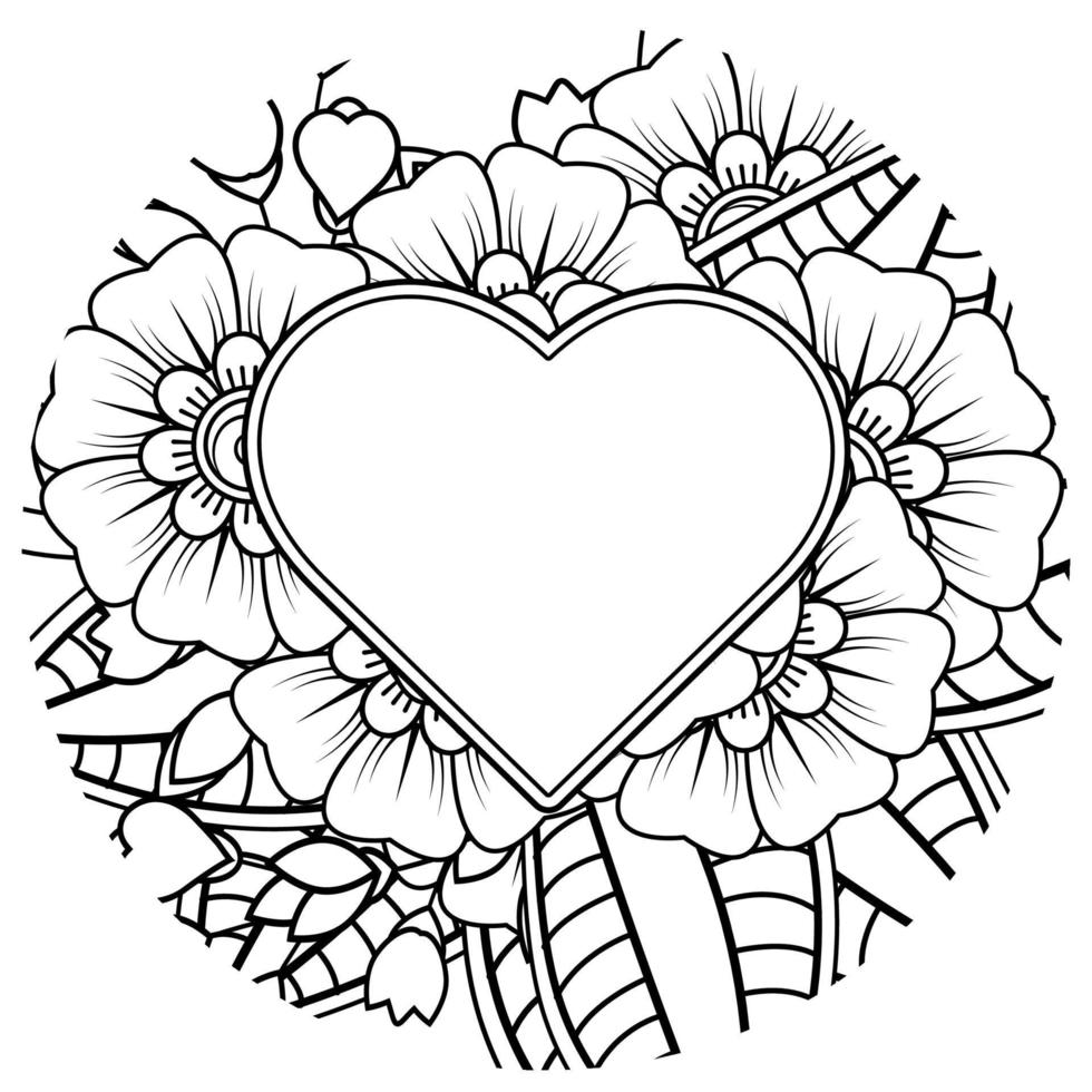 Mehndi flower with frame in shape of heart. decoration in ethnic oriental, doodle ornament. vector