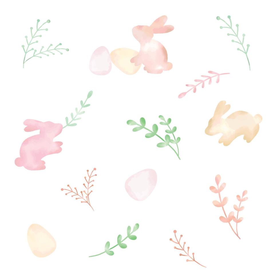 Vector - Digital watercolor painting about Easter. Element of rabbit, egg, leaves. Can be use for decorate for any card, poster, print, sticker, scrapbook. Cute image.