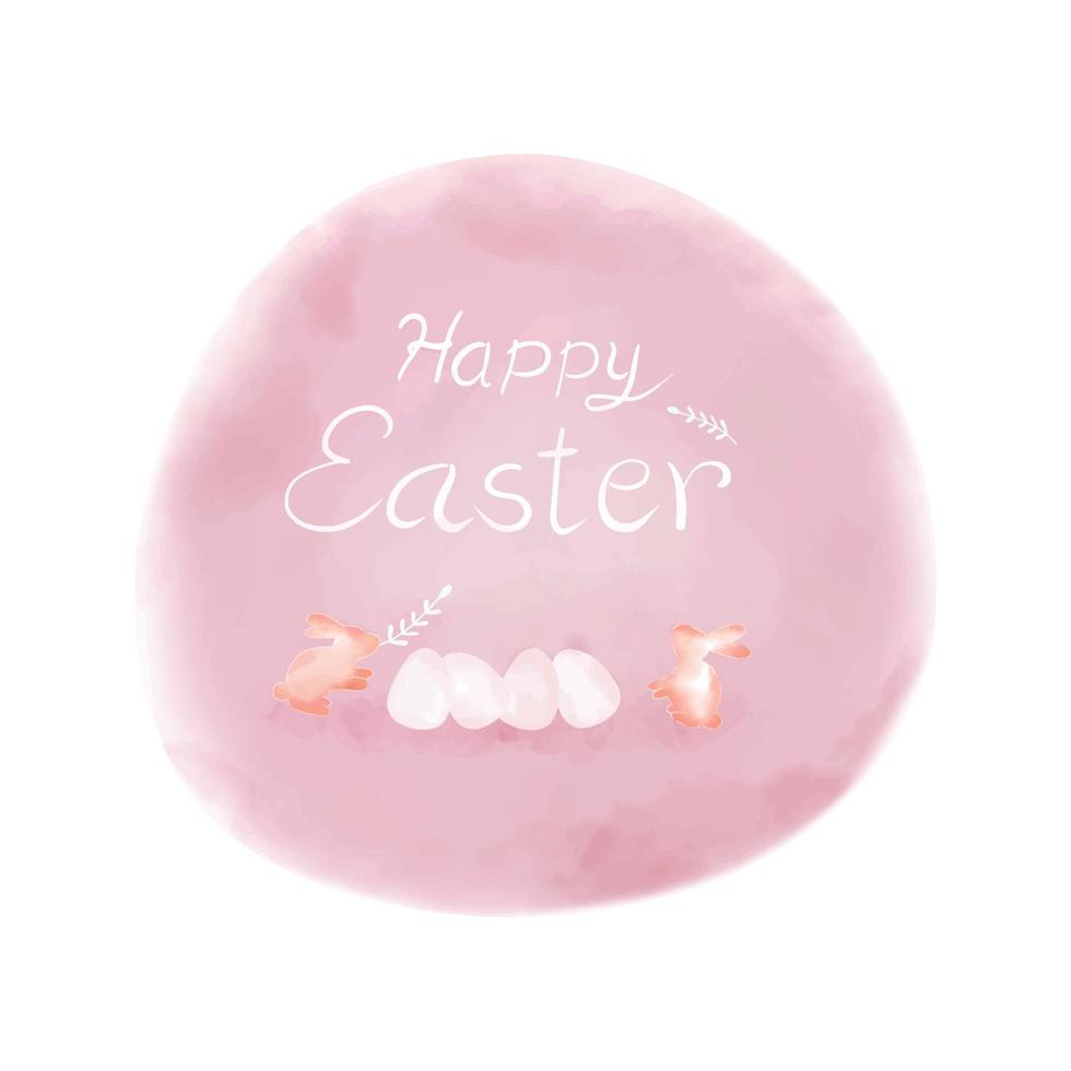 Vector - Watercolor of Happy Easter. Egg, rabbit and leaves on pink round background. Art design. Can be use for label, sticker, web, card or banner. Holiday season.