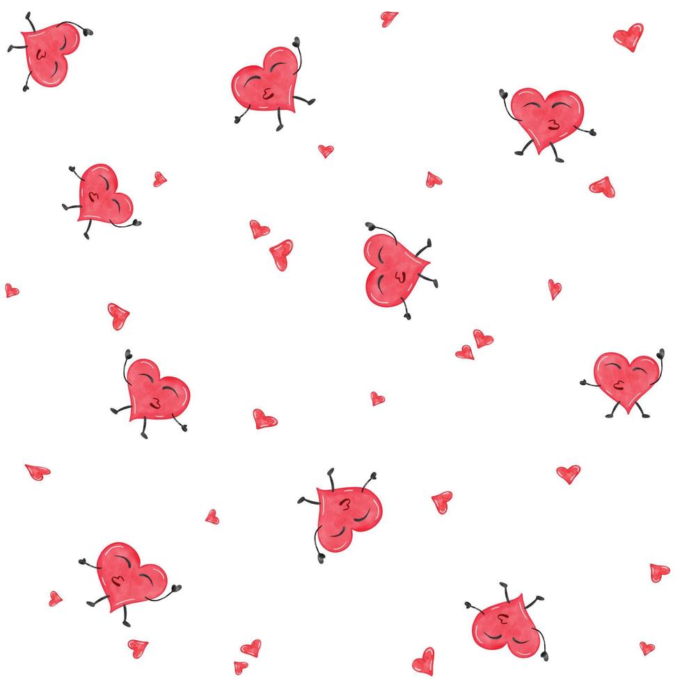 Vector - Abstract seamless pattern of red cartoon heart dancing. Digital watercolor painting design. Can be use for print, paper, wrapping, fabric, origami.