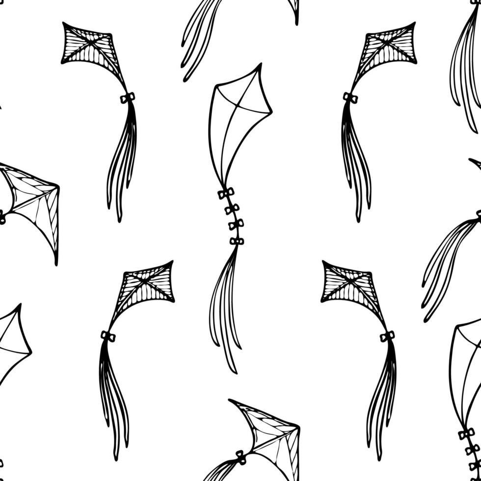 Kite vector seamless pattern doodle, hand drawn, minimalistic, monochrome. Black and white