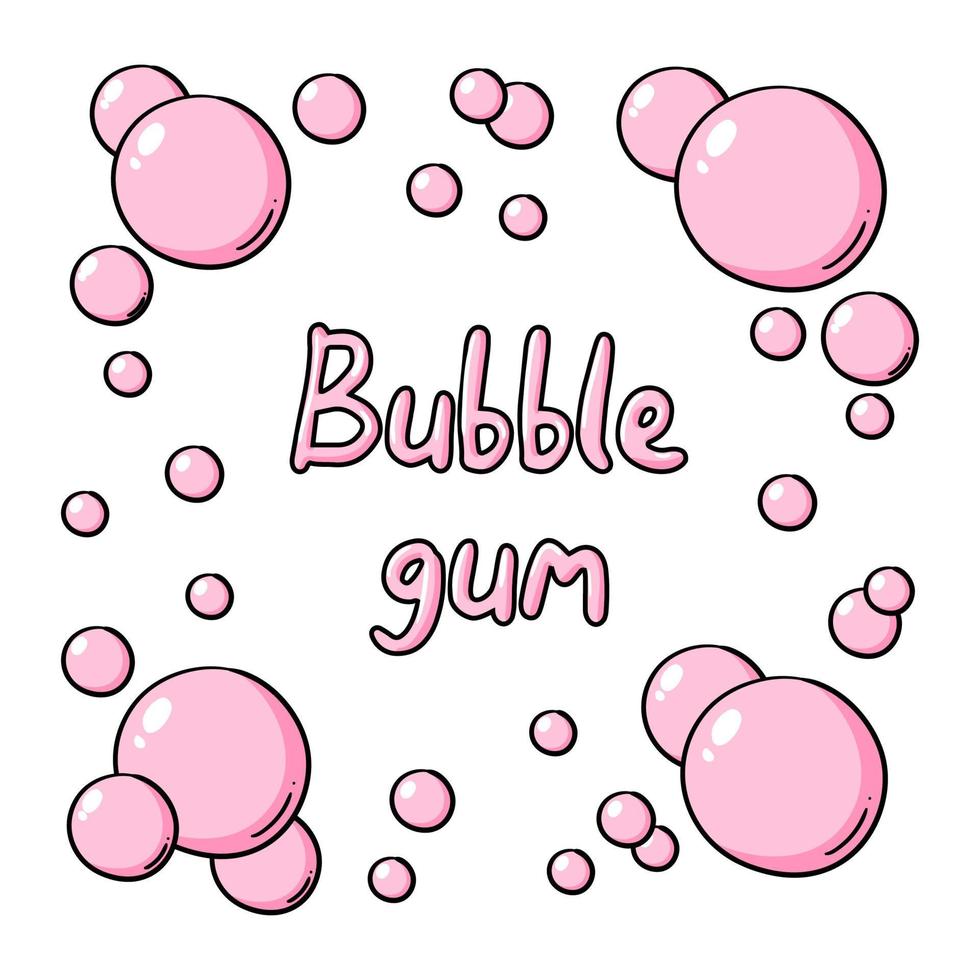 Chewing gum vector text illustration. Funny pink lettering bubble gum on white, pink letters, funny lettering in bubbles