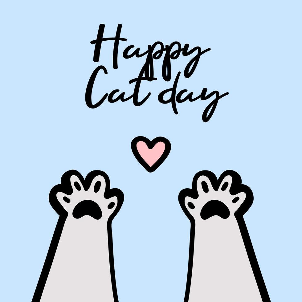 Cat paws with a heart cute illustration with lettering text happy cat day 8th of August isolated on blue vector