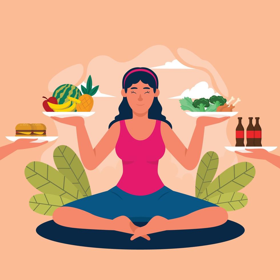 una mujer haciendo yoga sosteniendo una comida. vector