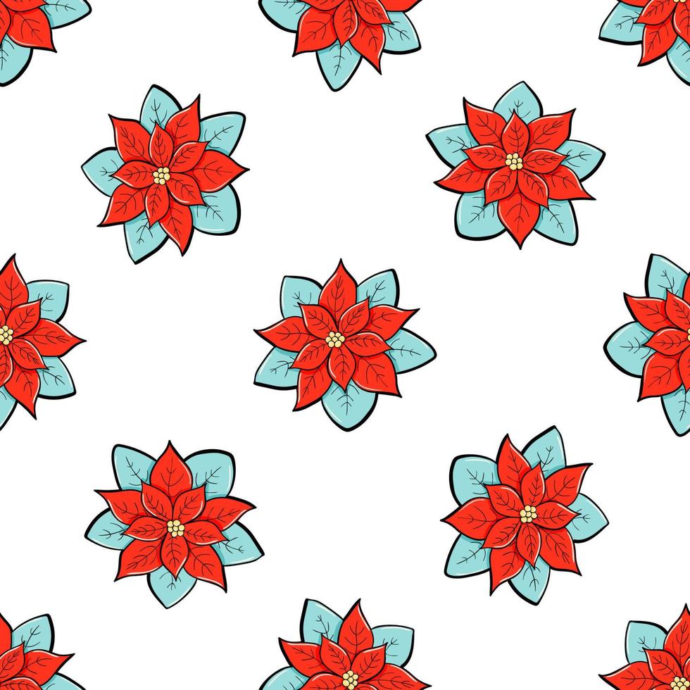 Poinsettia and holly branches vector seamless pattern. Winter flowers doodle sketch in a minimalist style. Trendy illustration for wallpaper, wrapping paper, winter fabric