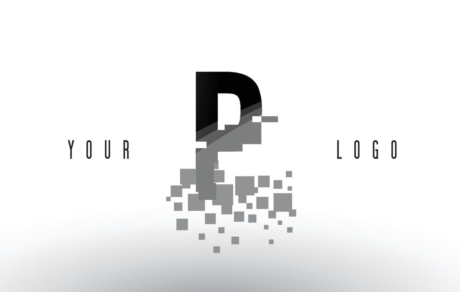 Logotipo de letra p pixel con cuadrados negros rotos digitales vector