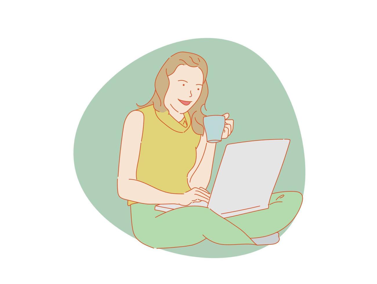 beautiful woman or cute girl  sitting in front  computer laptop , colorful vector