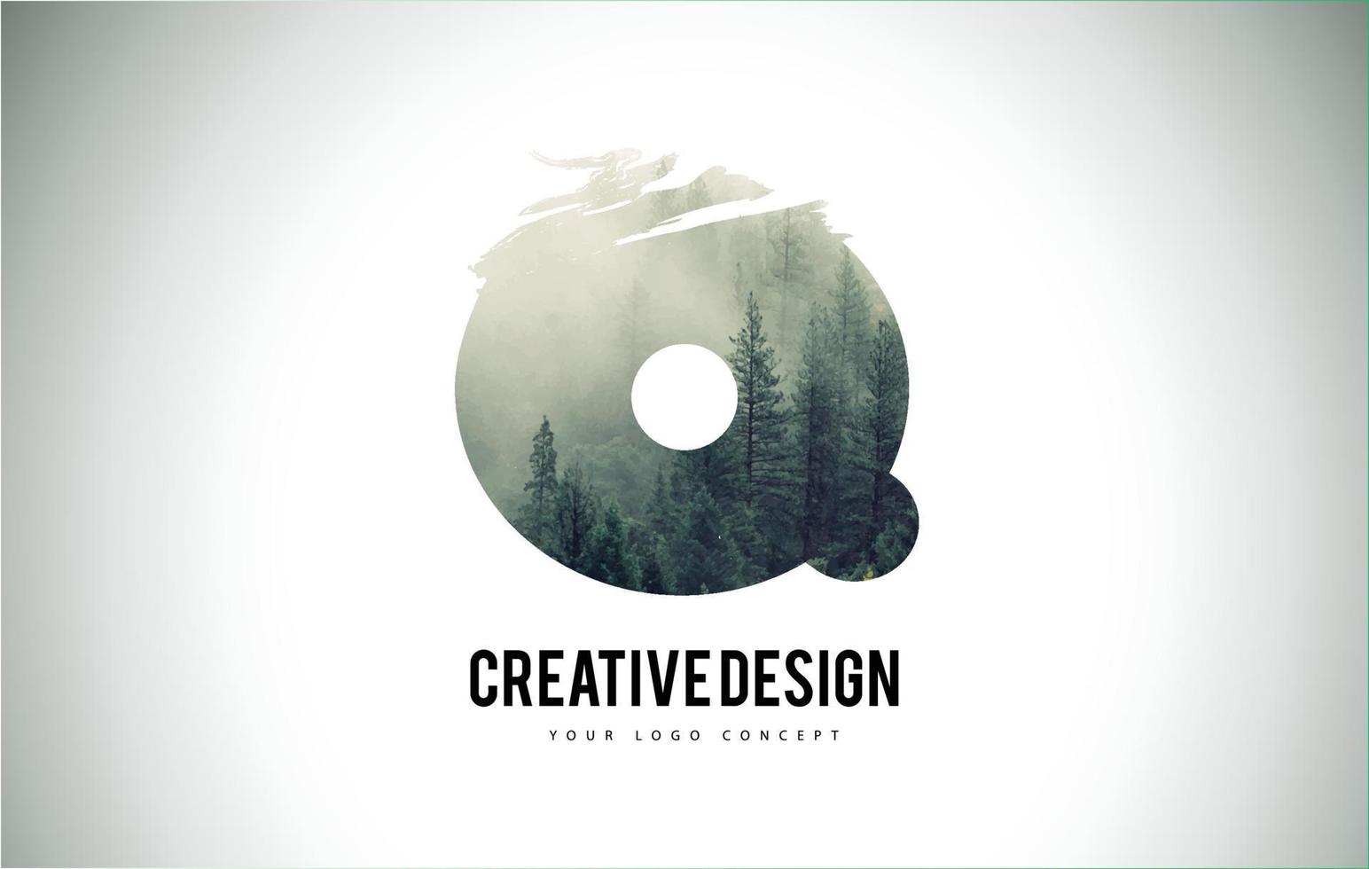 Q Letter Brush with Forest Fog Texture. Forest Trees Letter Logo Design. vector