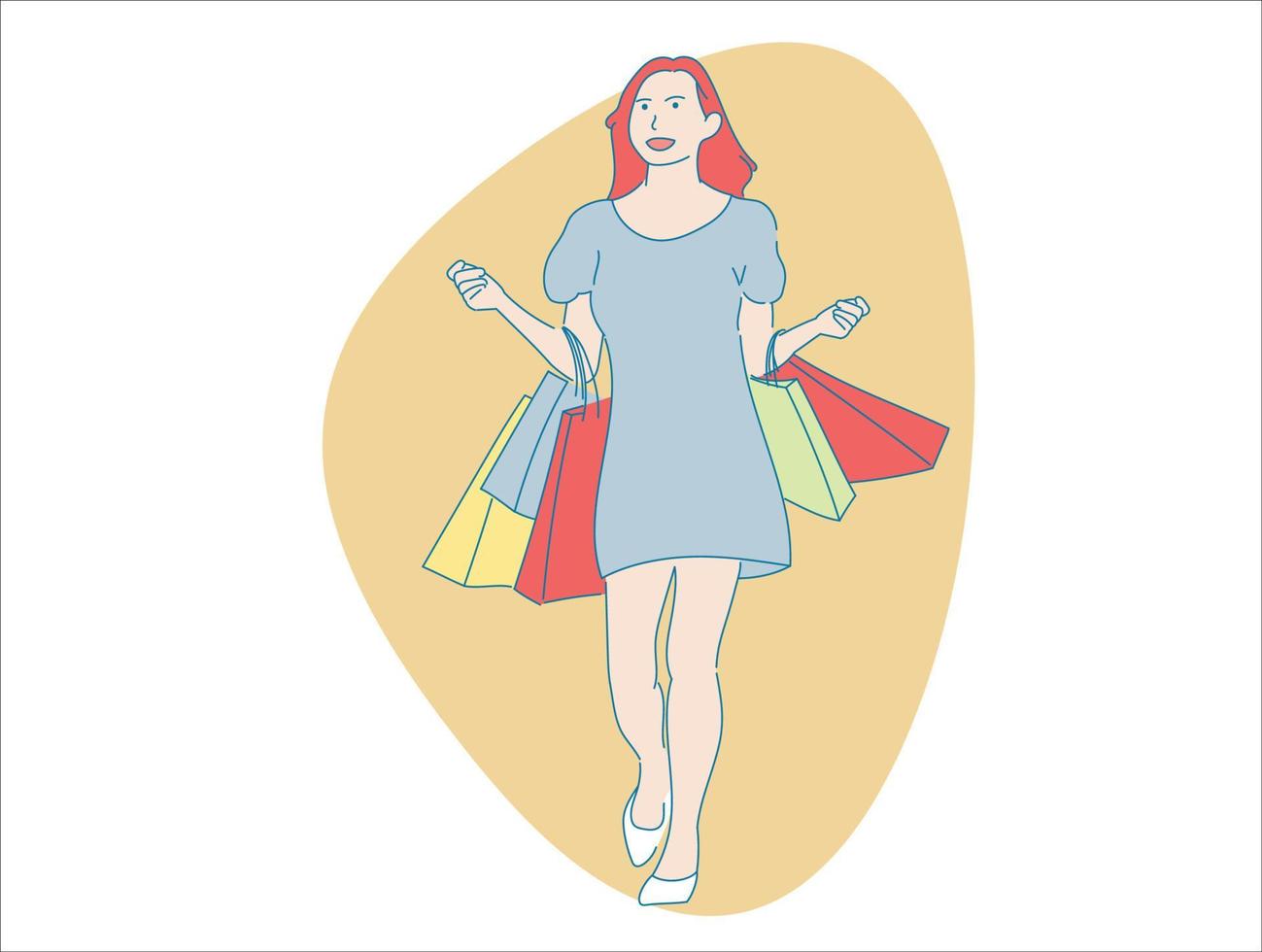 young woman cute girl in themes shopping travel , vector