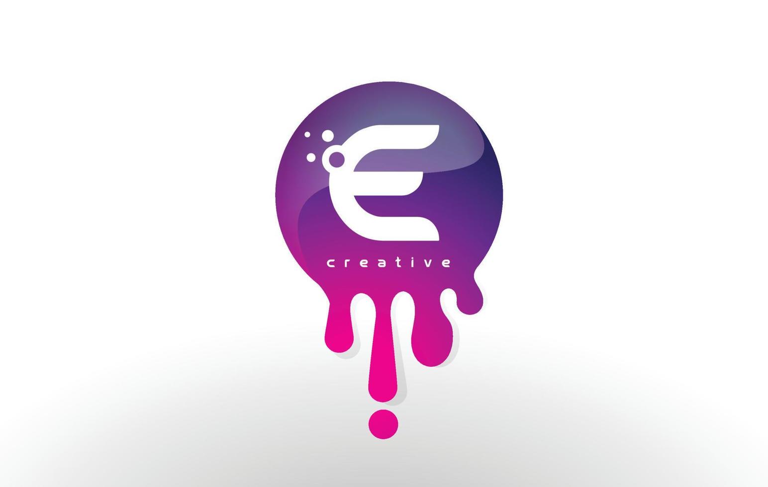 logotipo de salpicadura de letra e. diseño de letra de puntos y burbujas púrpuras vector
