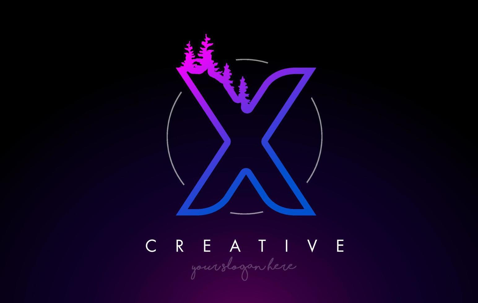 Creative X Letter Logo Idea With Pine Forest Trees. Letter X Design With Pine Tree on Top vector