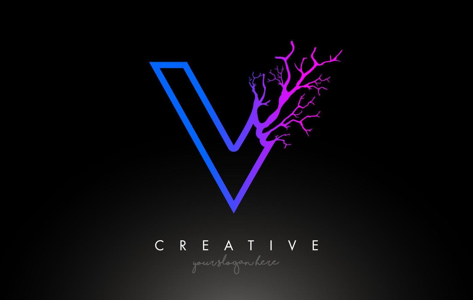 Tree Letter V Design Logo with Purple Blue Tree Branch. V Letter Tree Icon Logo vector