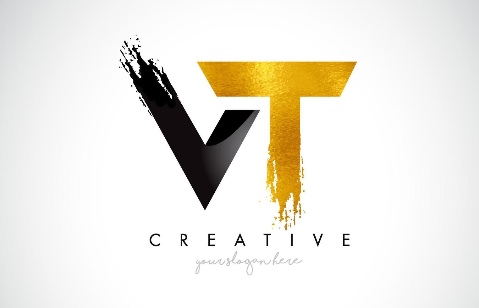 VT Letter Design with Black Golden Brush Stroke and Modern Look. vector